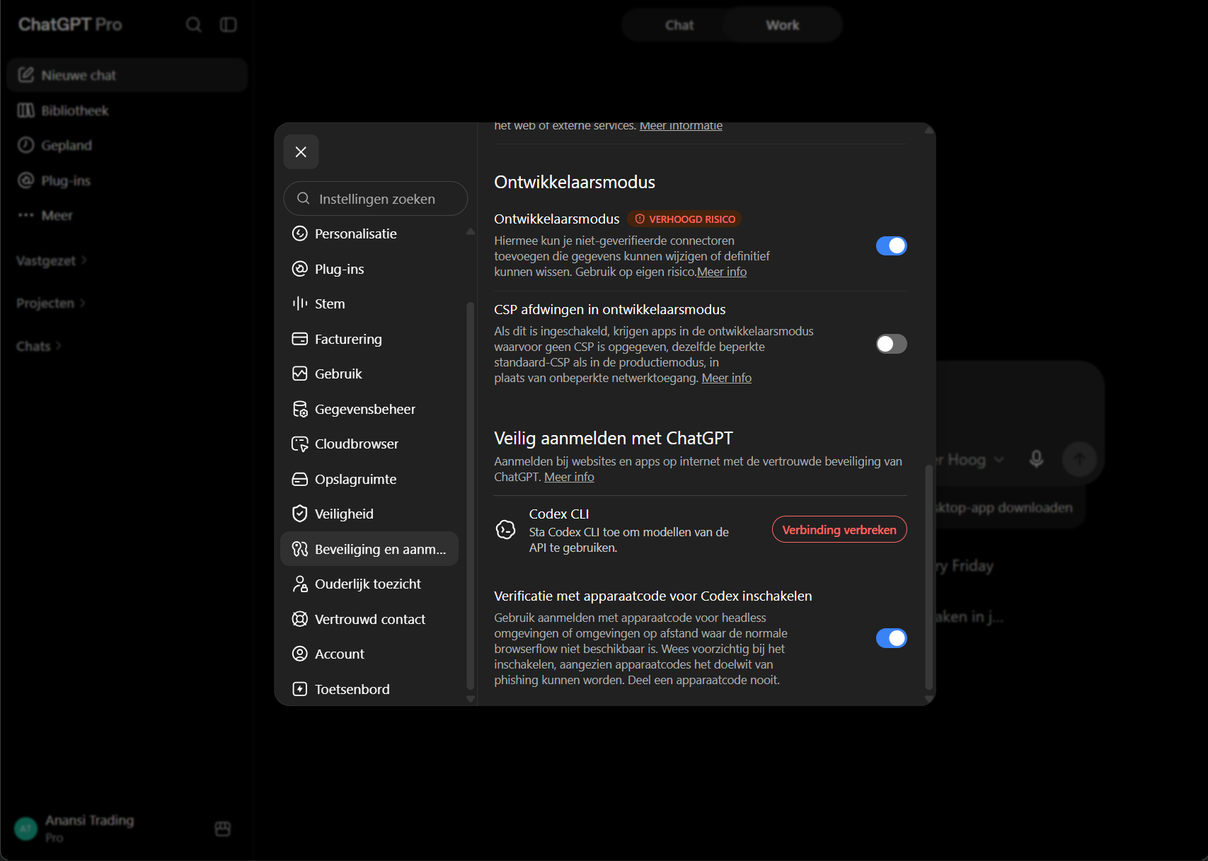ChatGPT settings with Developer mode switched on