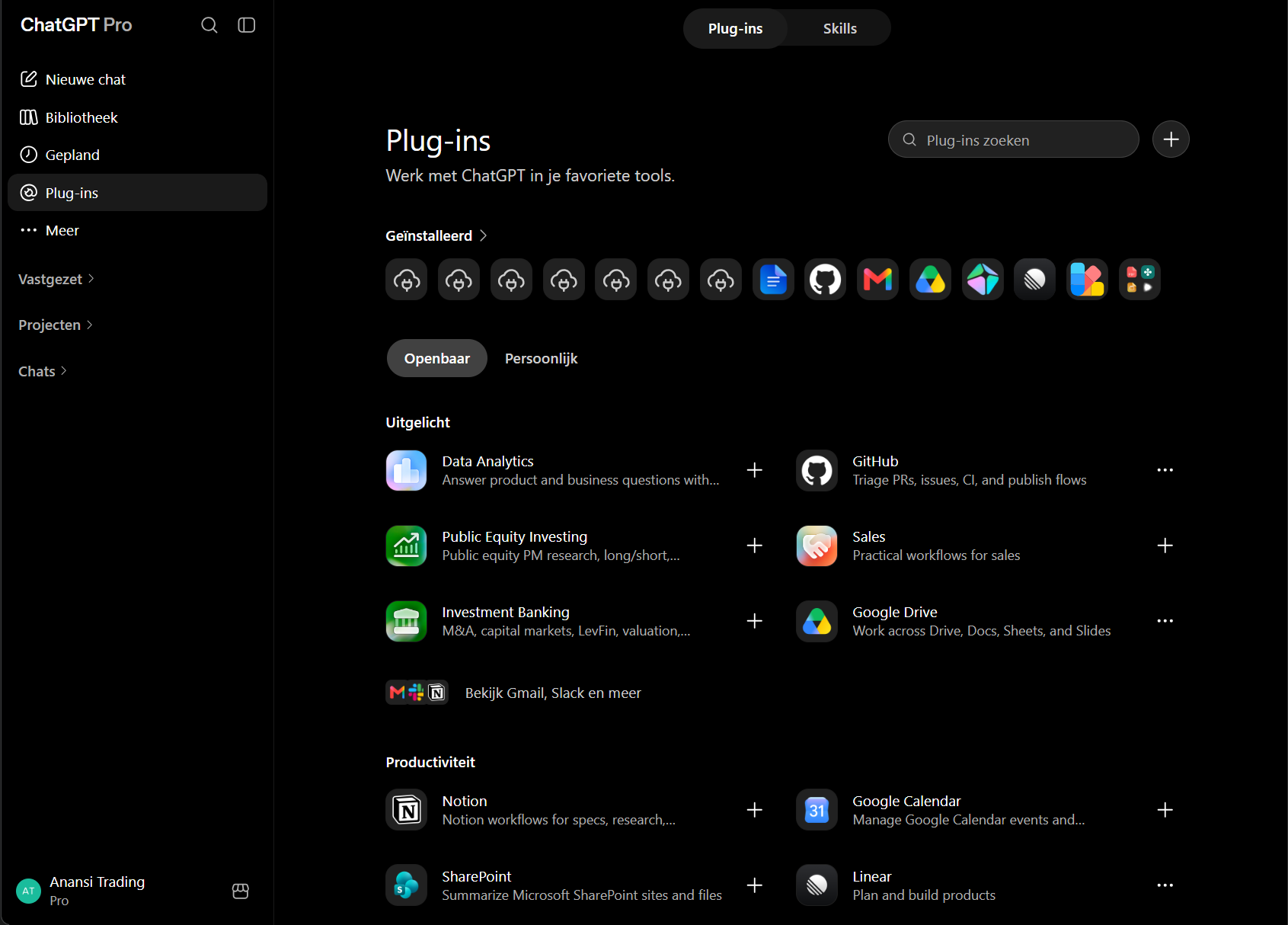 ChatGPT Plug-ins page with the plus button at the top right