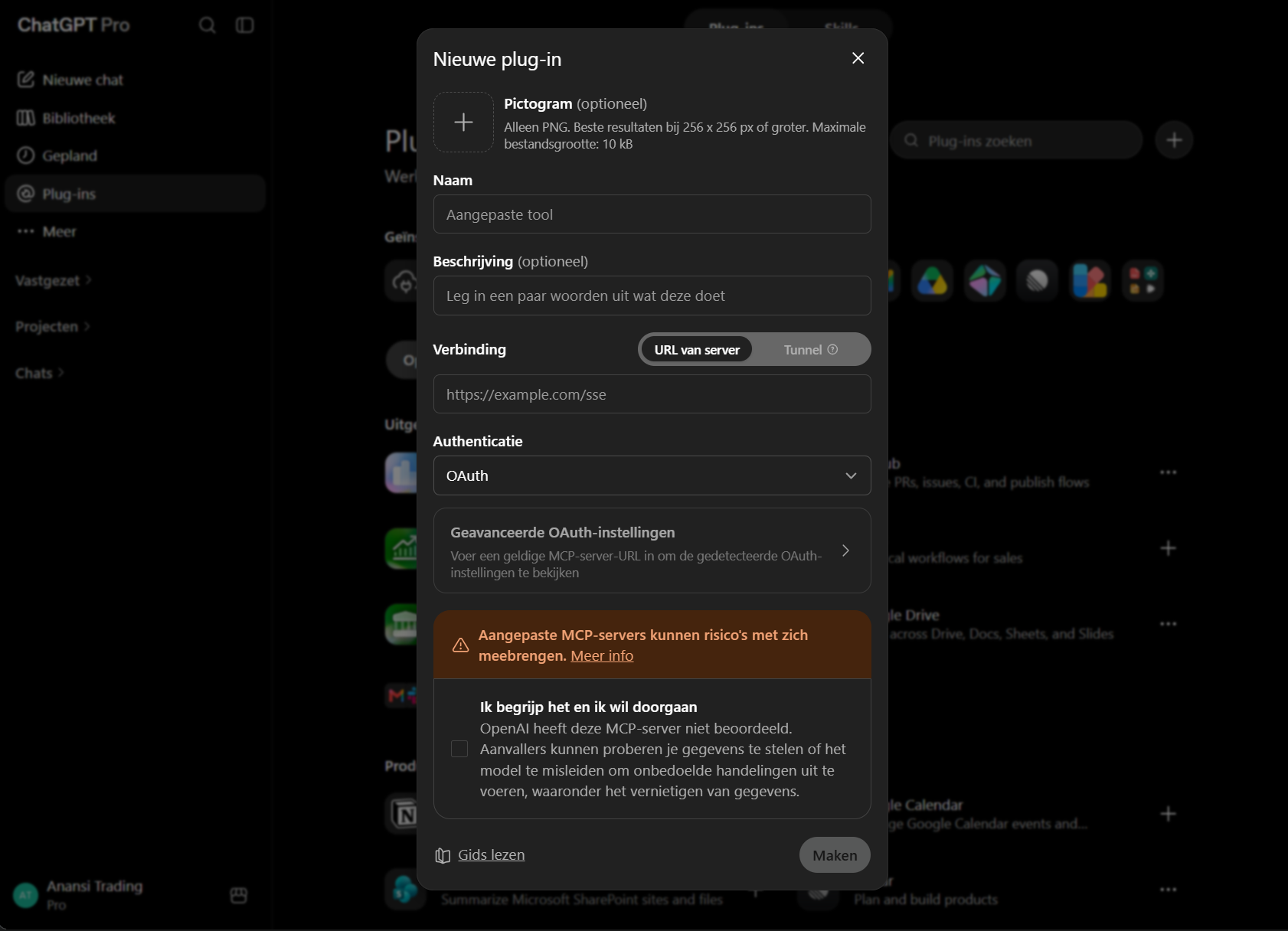 ChatGPT New plug-in dialog with the server URL and OAuth fields