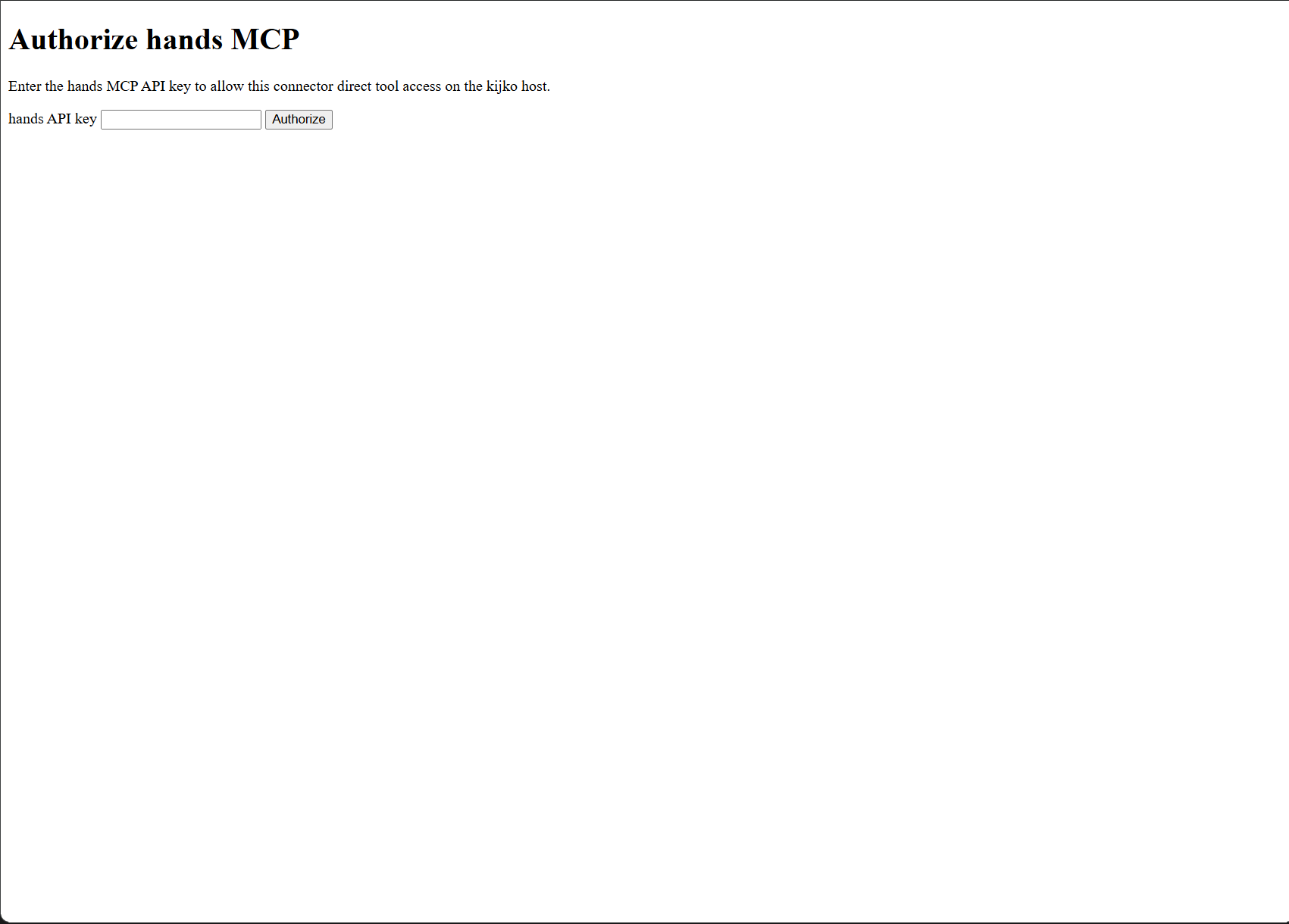 Hands MCP authorization page asking for the Hands API key