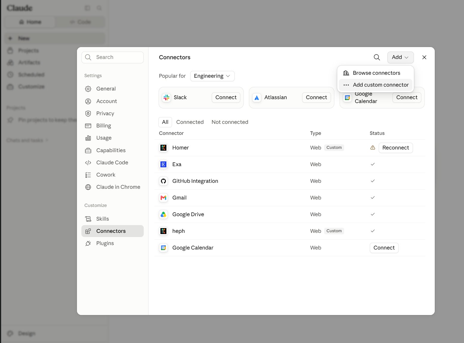 Claude Connectors settings with Add custom connector in the Add menu