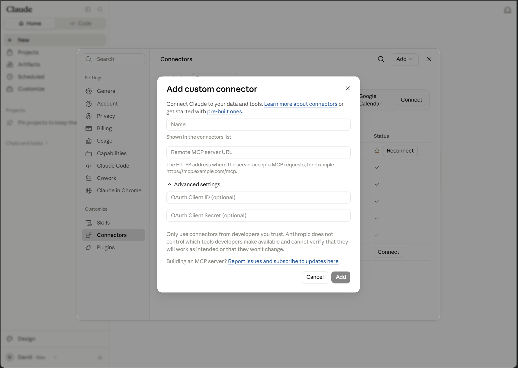 Claude Add custom connector dialog with name, remote MCP server URL and optional OAuth fields