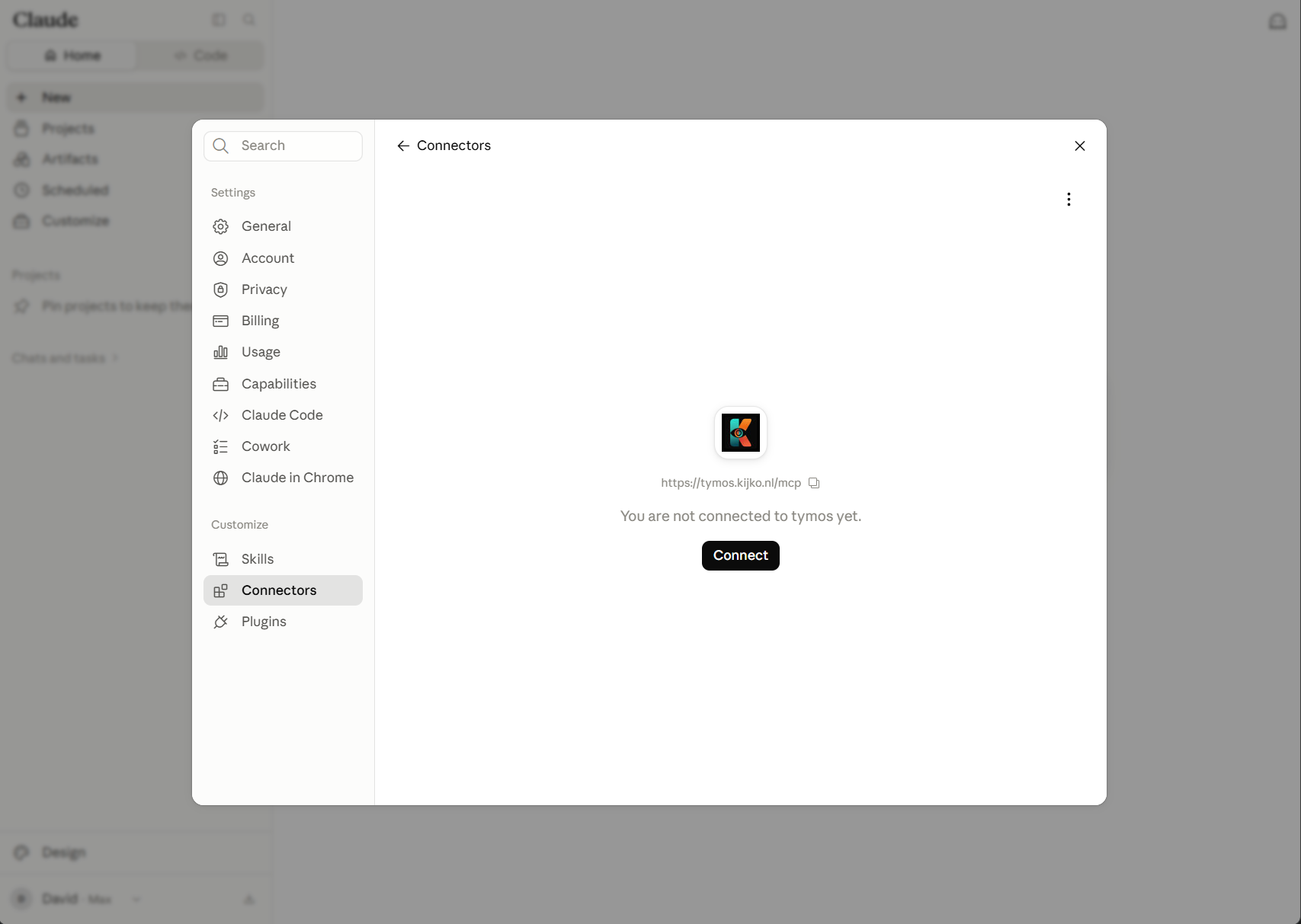 Claude connector page with the Connect button for a Hands MCP server