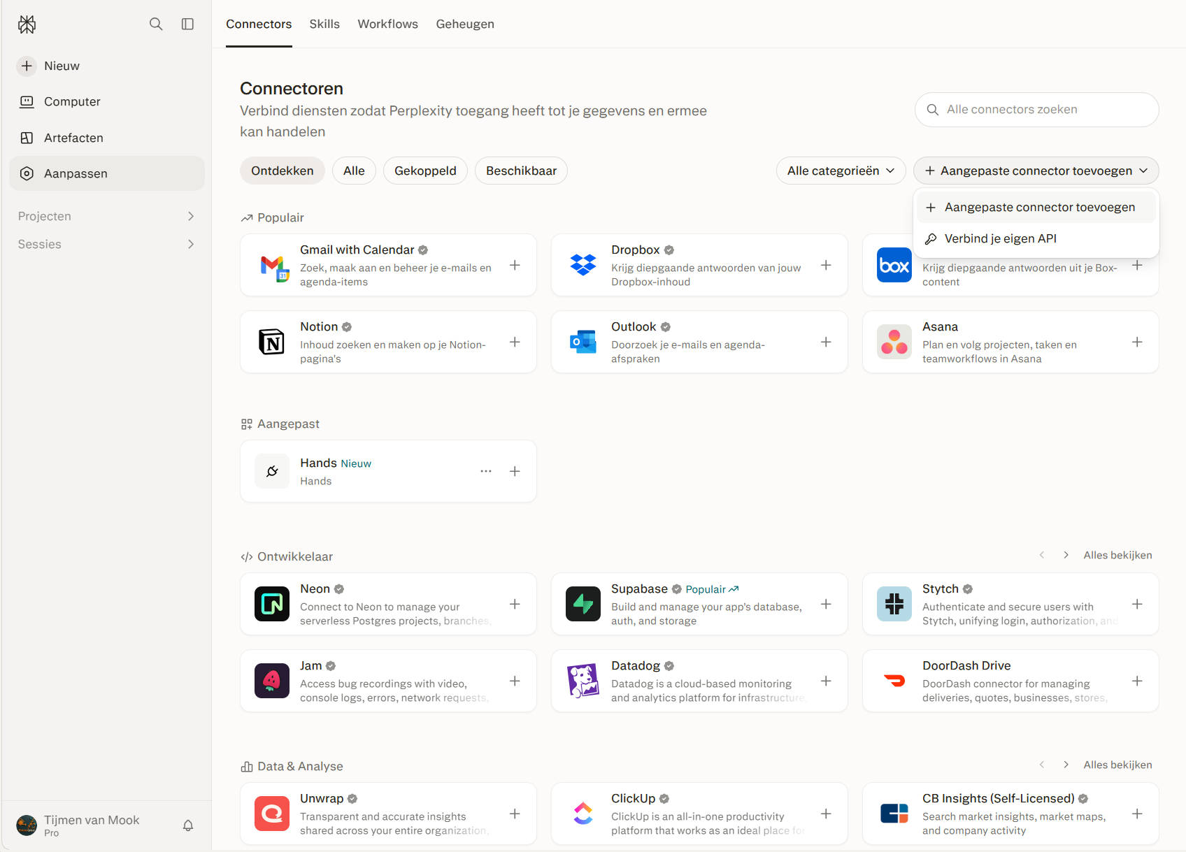 Perplexity Add custom connector menu with Add custom connector and Connect your own API