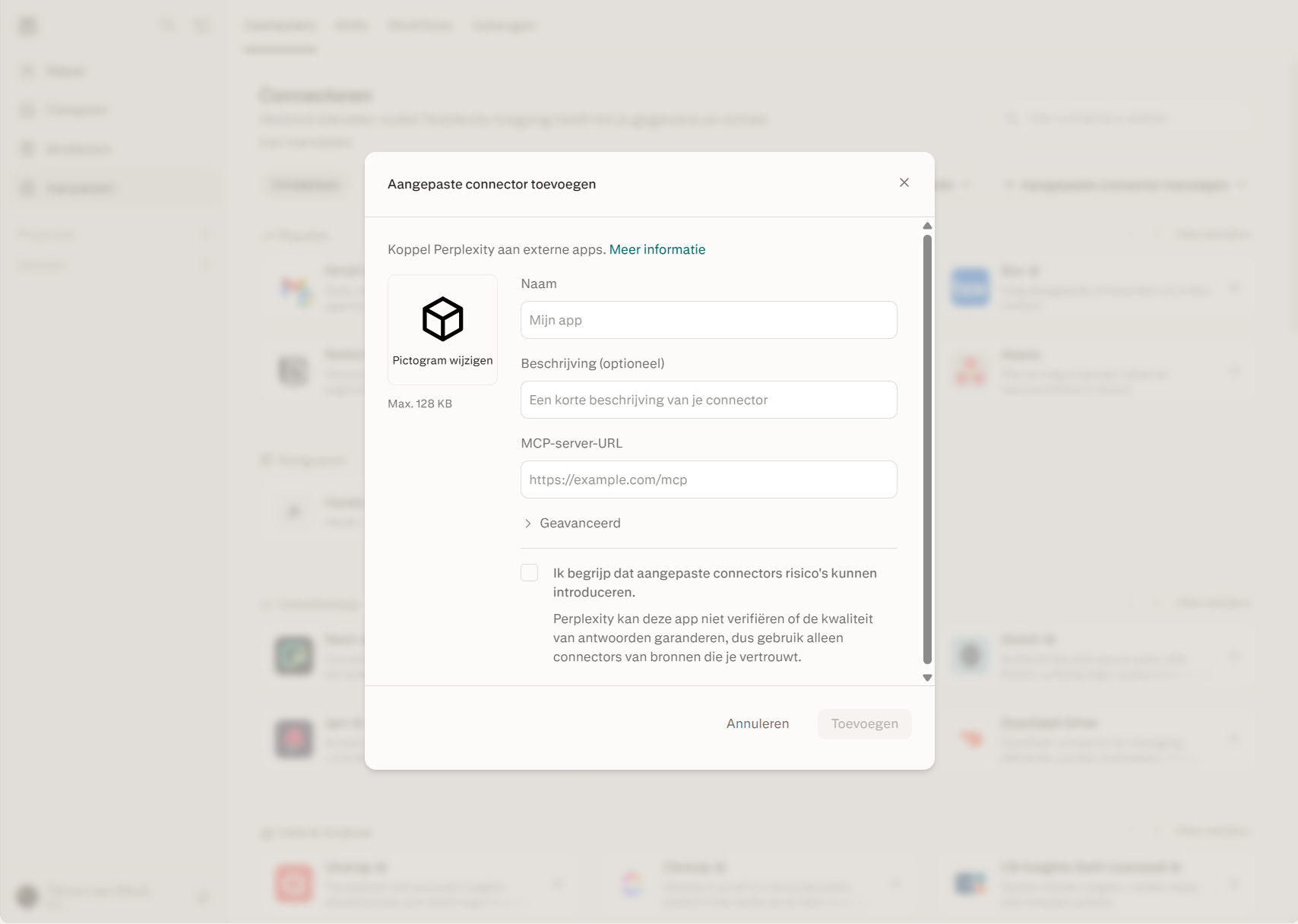 Perplexity Add custom connector dialog with name, description, MCP server URL and risk acknowledgement