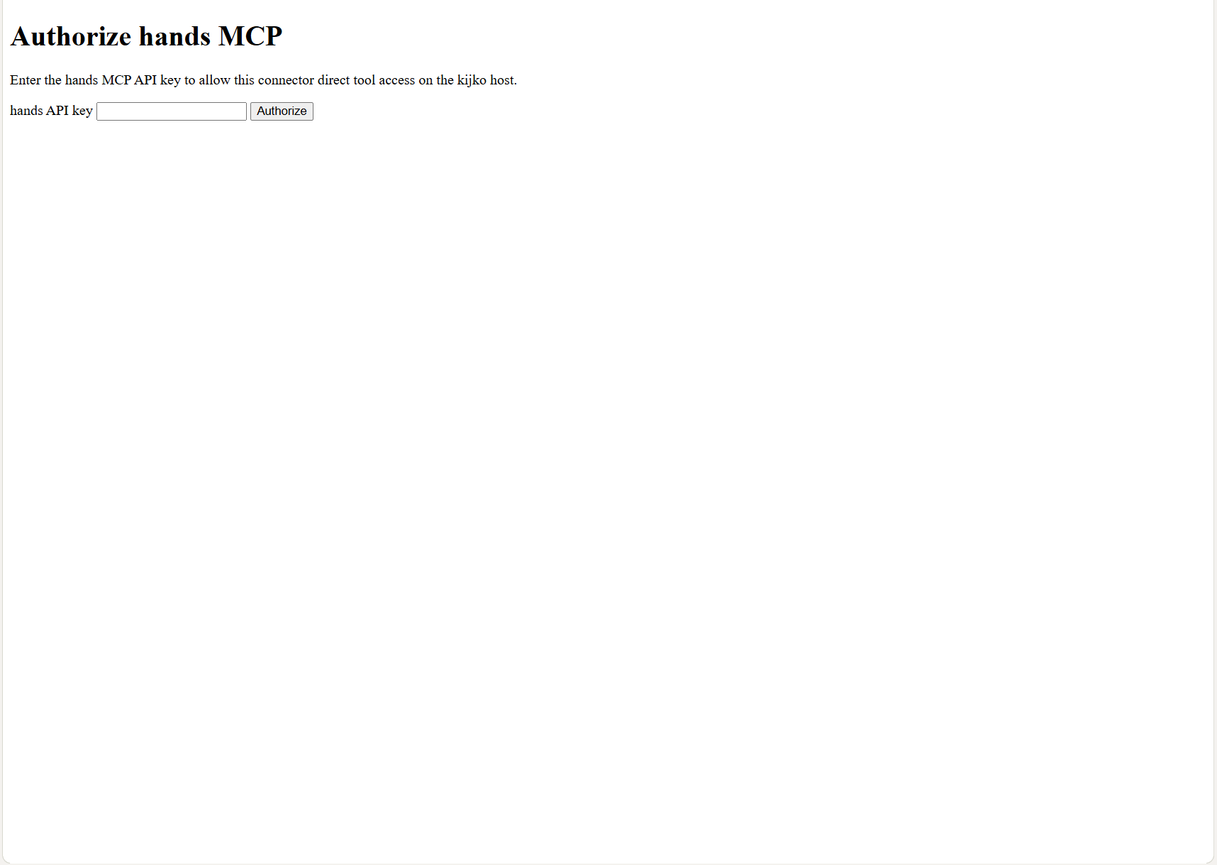 Hands MCP authorization page asking for the Hands API key